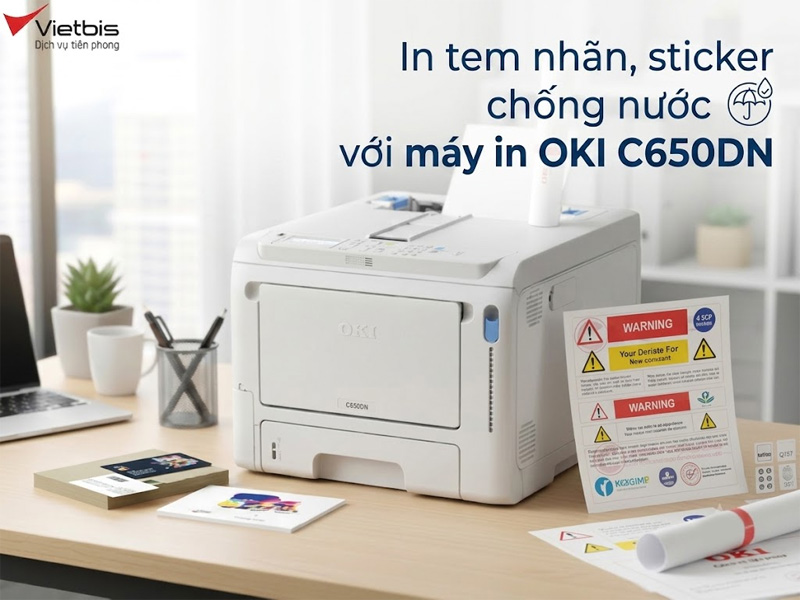 In tem nhãn, sticker chống nước với máy in OKI C650DN